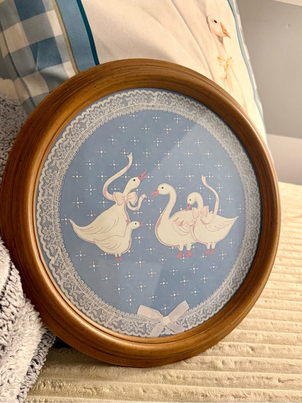 Blue Geese Family Round Wall Art with Wooden Frame